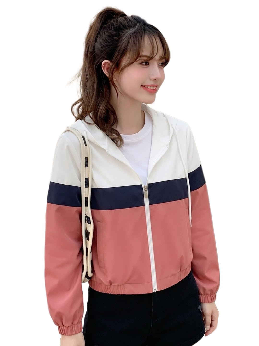 Women’s Color Block Zip-Up Hooded Windbreaker Jacket
