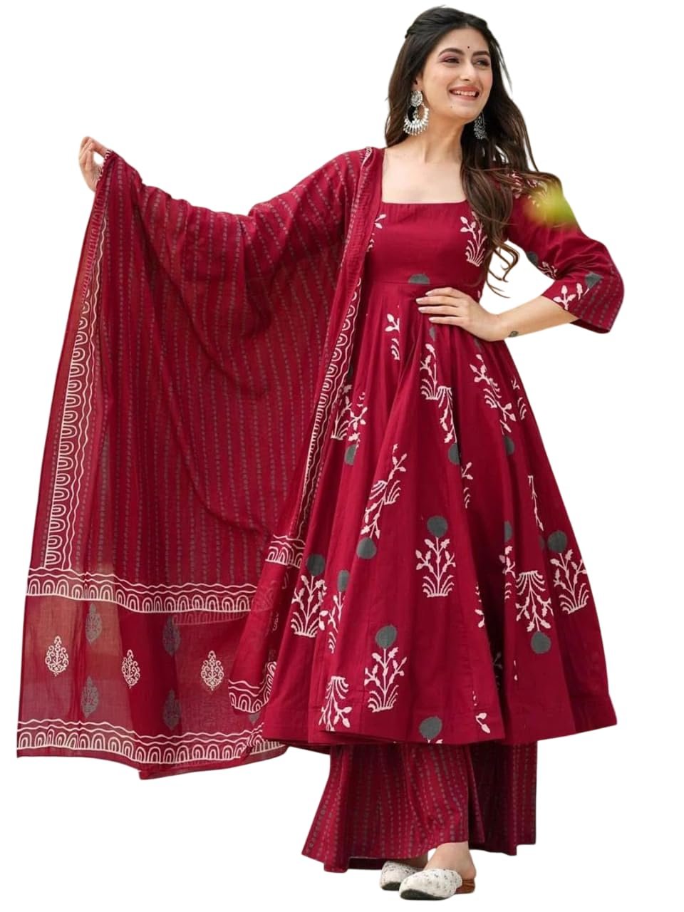 Women’s Fully Stitched Rayon Printed Kurti with Pant & Dupatta Set | Flared Anarkali Style Ethnic Suit | Comfortable for Festive & Office Outfit (IN, Alpha, Maroon)