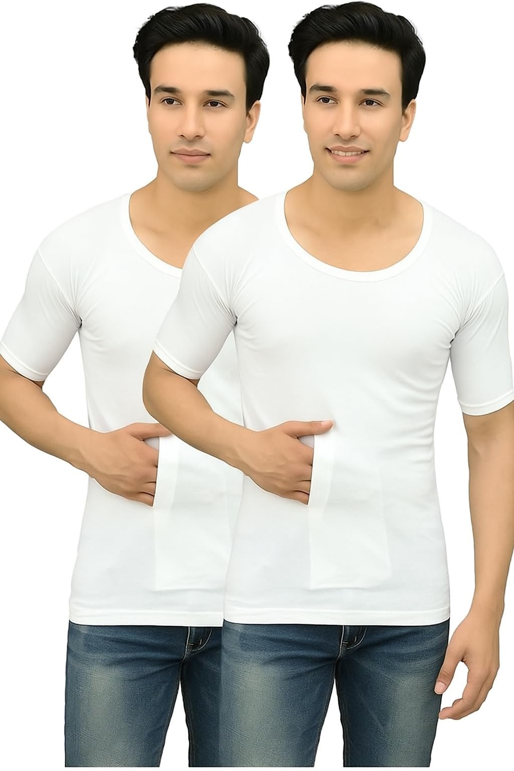 Men's Cotton Vest Innerwear, Regular Fit, Round Neck Half Sleeve with Pocket, 100% Combed Cotton (Pack of 2) (in, Alpha, Regular) White