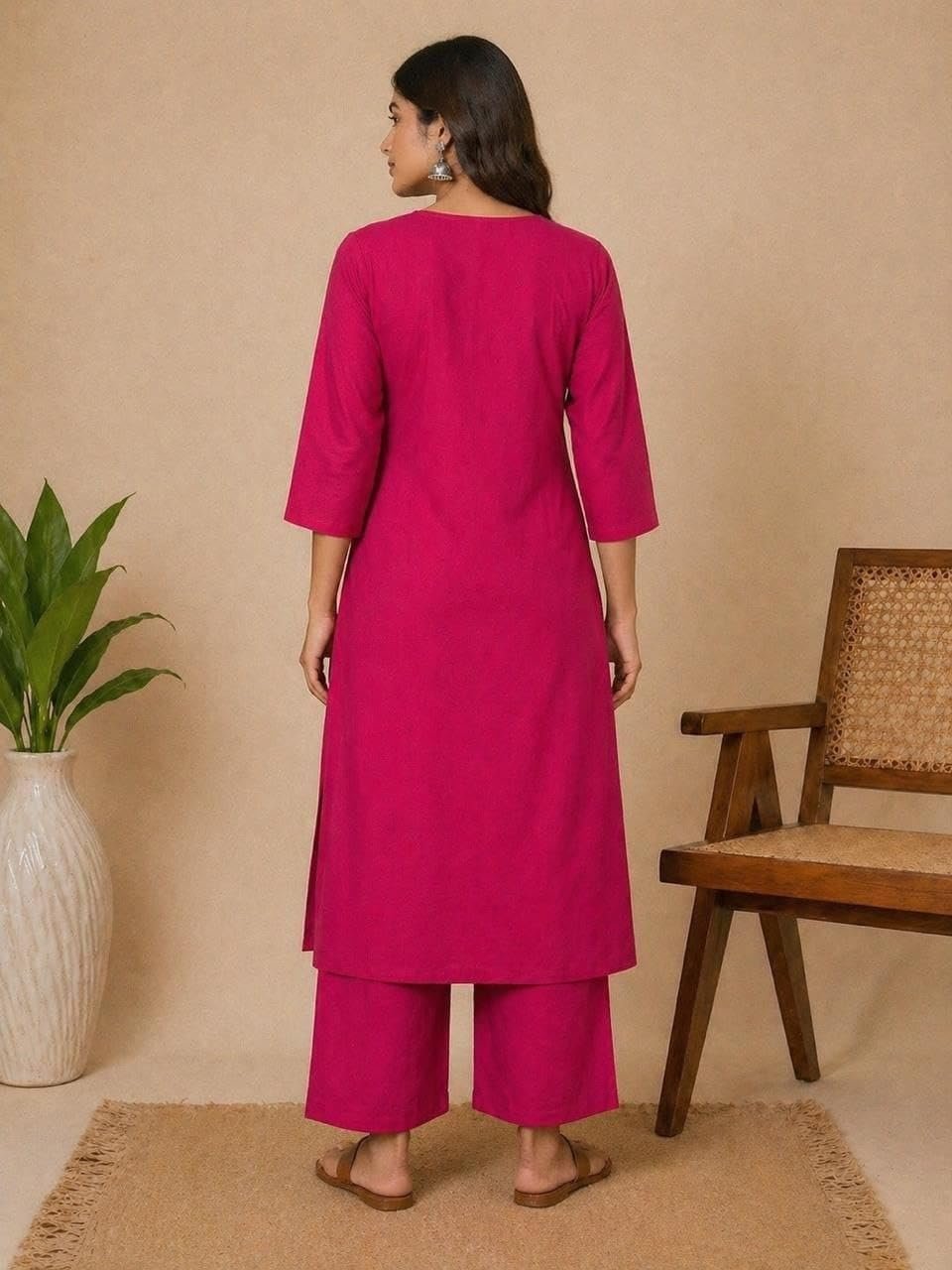 Women's Embroidery Work Kurta & Plazo | 2 Piece Kurta Set With Two side Pocket Kurti | Kurti & Plazo Set | Stylish Cotton Suit Set for Women, Festival (IN, Alpha, Regular, Womens, Pink) - Image 4