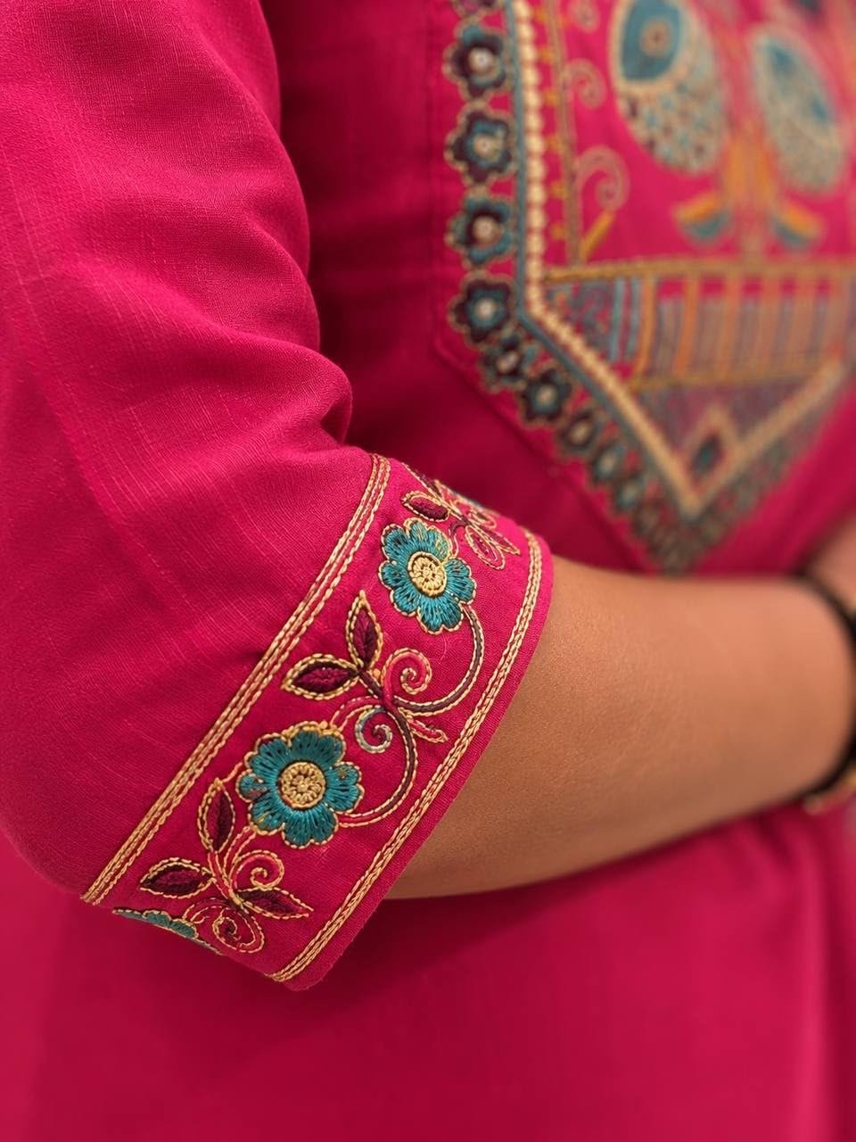 JD ENTERPRISE Women's Cotton Embroidered Kurta with Button Design & Palazzo Pant Set | Straight Kurti with Comfortable Cotton Palazzo | Ethnic Wear for Casual (IN, Alpha, DHOLKI-PINK) - Image 4