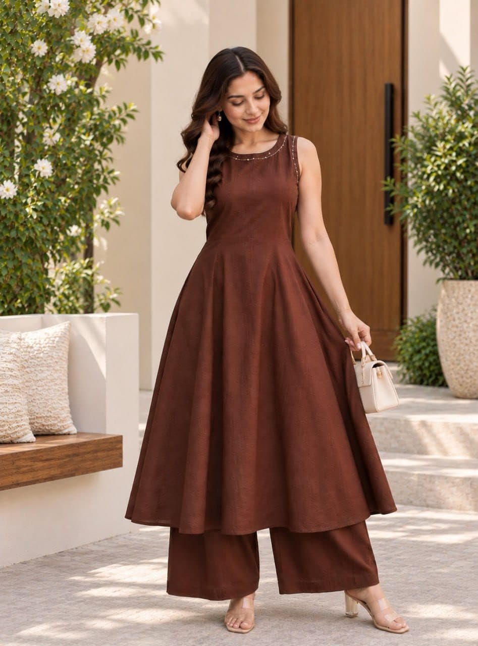 Rayon Kurta for Women | Sleeveless Kurti Set Woman | Anarkali Kurti with Palazzo | Plain Co Ord Outfit | Office Party Traditional Clothing for Womens (in, Alpha, Regular, Womens, Brown) - Image 5