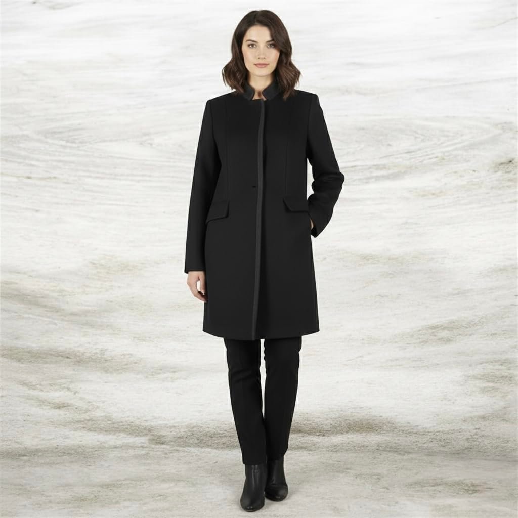 Women's Long Wool Blend Overcoat, Full Length Winter Coat, Solid Colors, Warm Formal Outerwear with Collar and Pockets (Black Grey Line) - Image 4