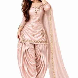 Women's Beige Embroidered Chinon Silk Kurti Patiala Set with Dupatta | Floral Ethnic Suit Set for Wedding