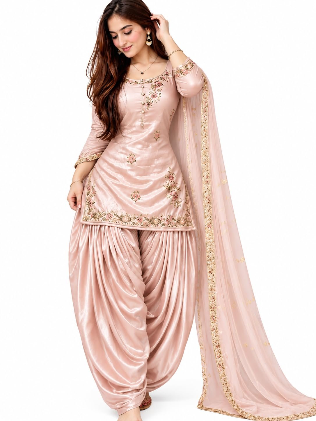 Women's Beige Embroidered Chinon Silk Kurti Patiala Set with Dupatta | Floral Ethnic Suit Set for Wedding