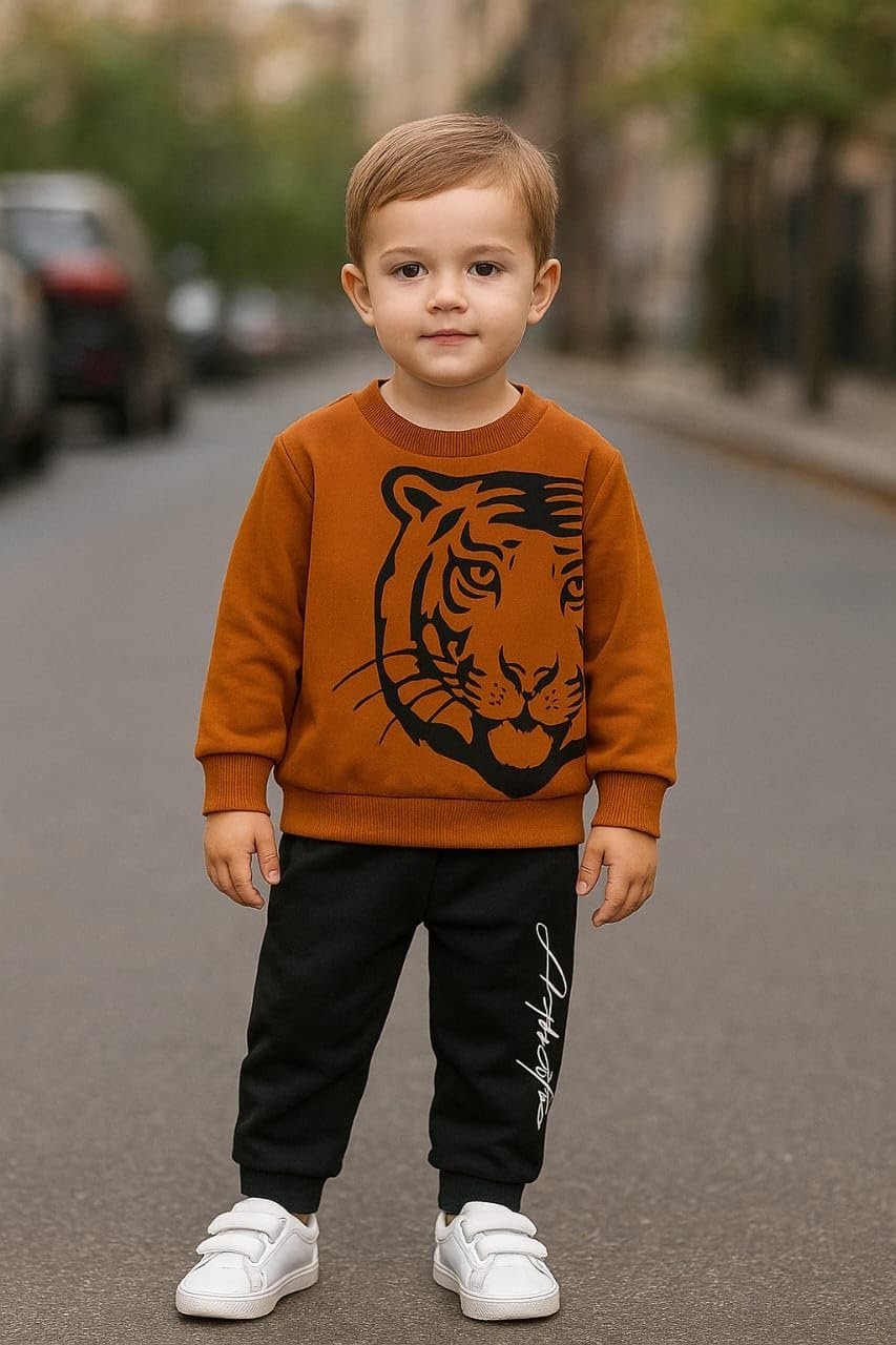 Indhrani Textiles Kids Clothes for Boys | Tiger Print Sweatshirt & Black Jogger Pant Set | Cotton Stylish Toddler Boys Clothes for Casual Wear, Orange 5-6 year - Image 4