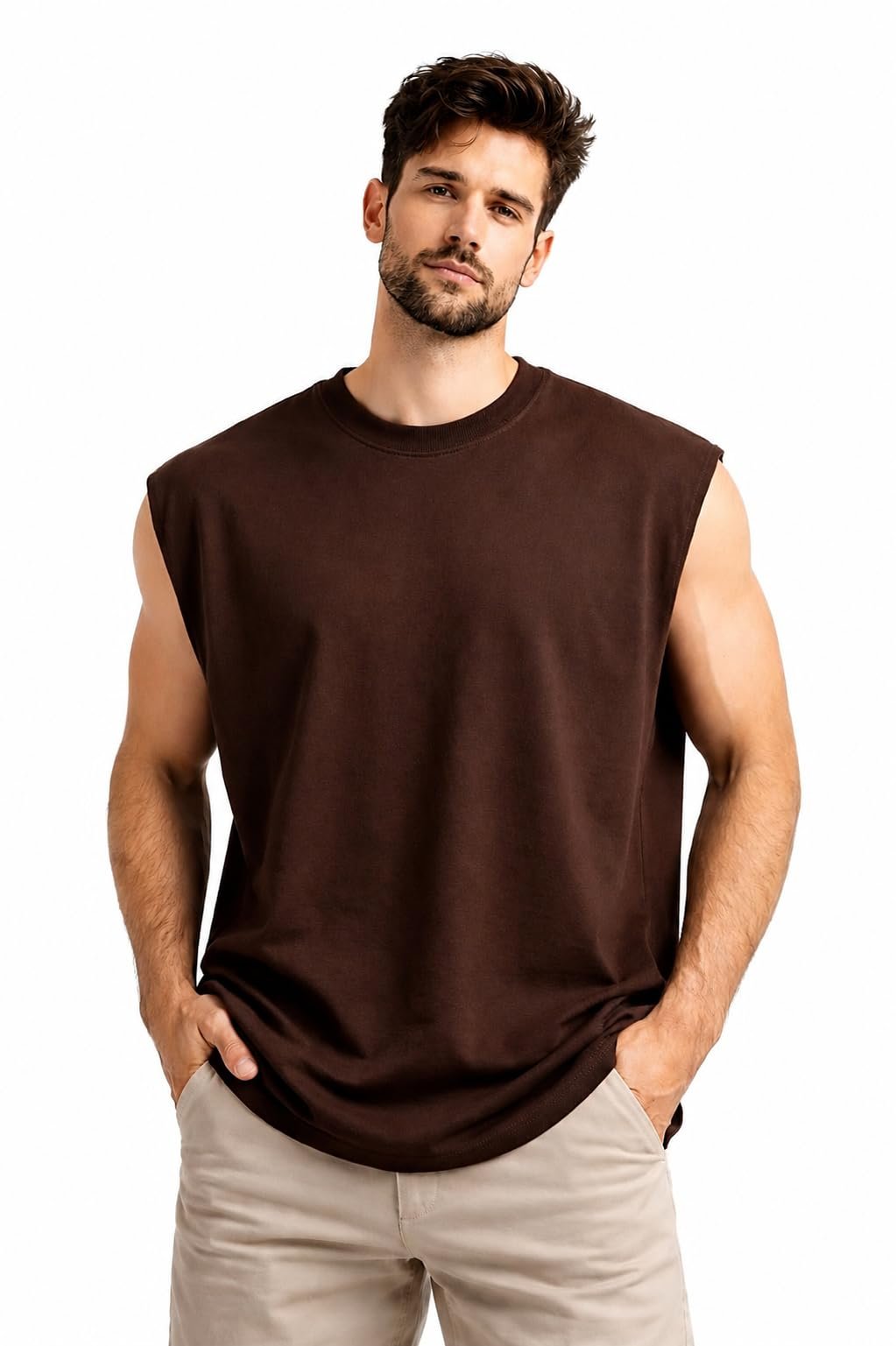 Zym Men's Terry Cotton Sleeveless Vest Tank Top Brown
