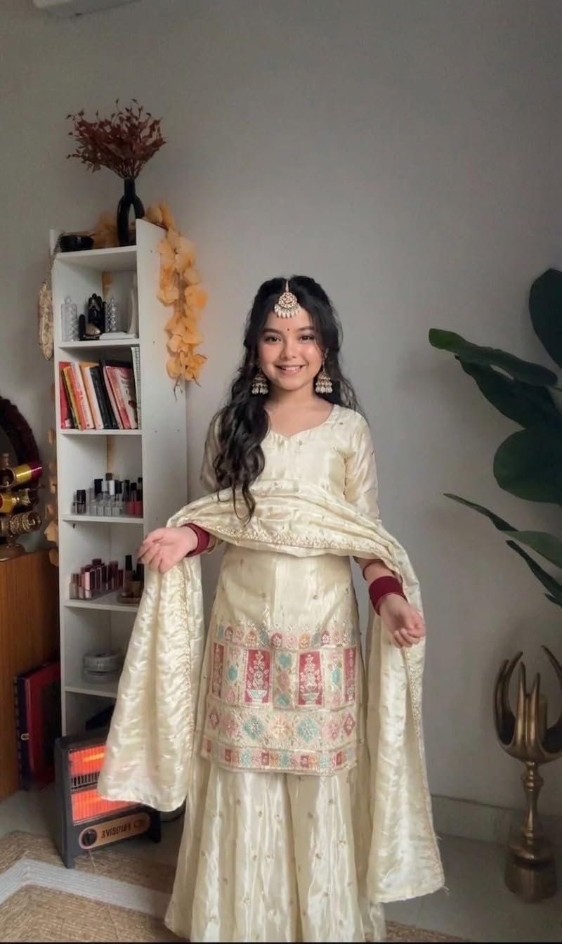Girls Cotton Blend 3/4Sleeve Kurti Set with Dupatta Wear Dress Set for Kids Indian Festive Outfit for Girls (IN, Age, 14 Years, 15 Years, Cream) - Image 4
