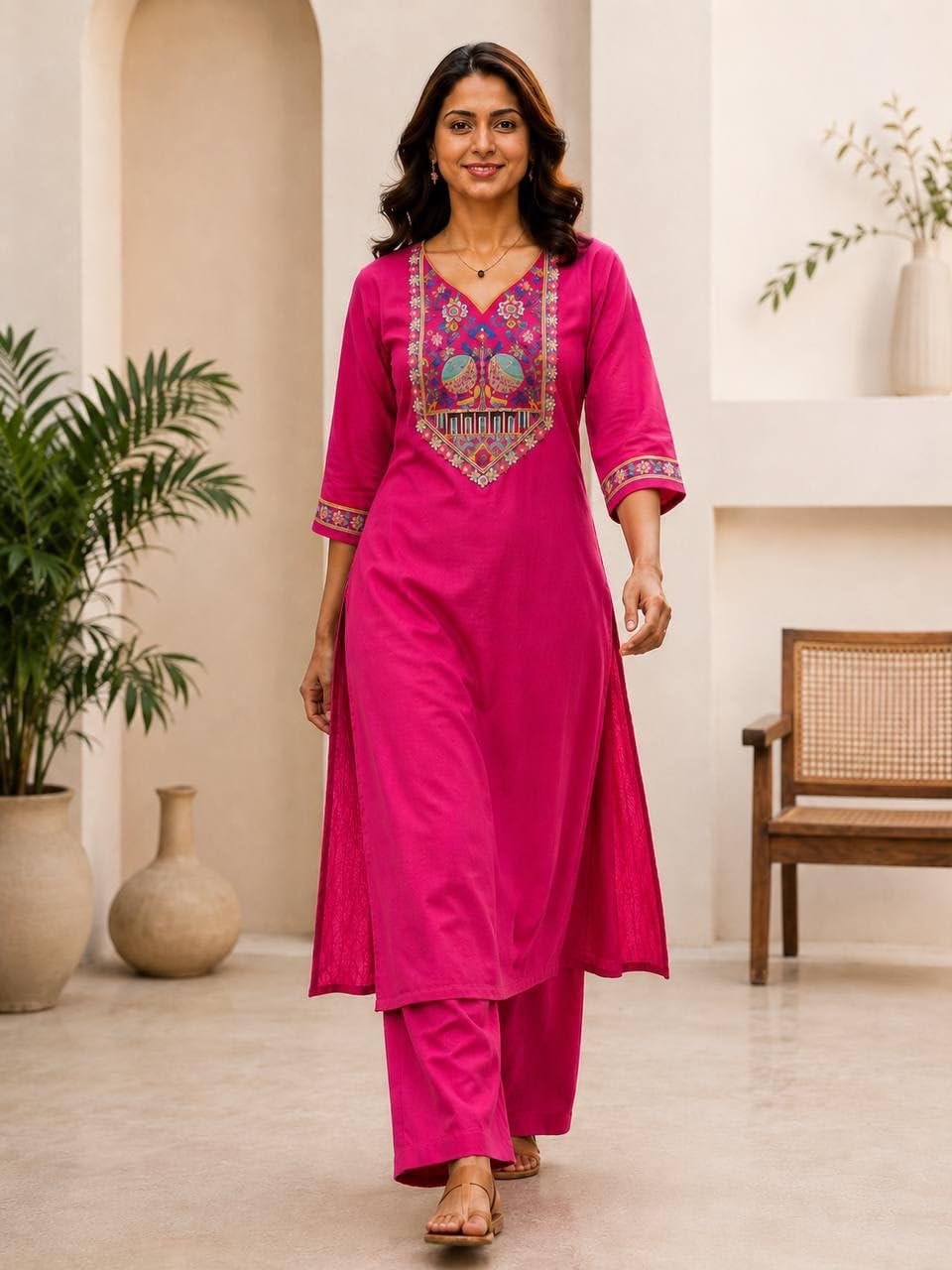 JD ENTERPRISE Women's Cotton Embroidered Kurta with Button Design & Palazzo Pant Set | Straight Kurti with Comfortable Cotton Palazzo | Ethnic Wear for Casual (IN, Alpha, DHOLKI-PINK) - Image 2