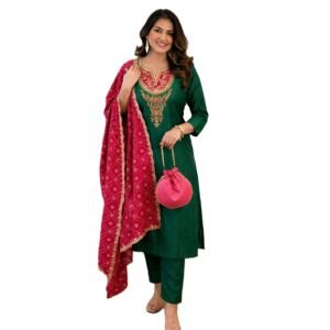 Women Rayon Slub Stylish Kurti Set with Pant and Dupatta Elegant Ethnic Suit for Casual Festive Occasion Green L