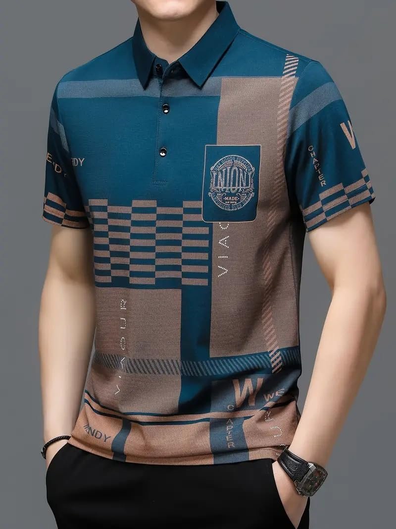 Men's Irregular Geometric Pattern and Alphabet Print Sports Collar Tshirt (Rizim Temu Print Polo-Blue001) - Image 4
