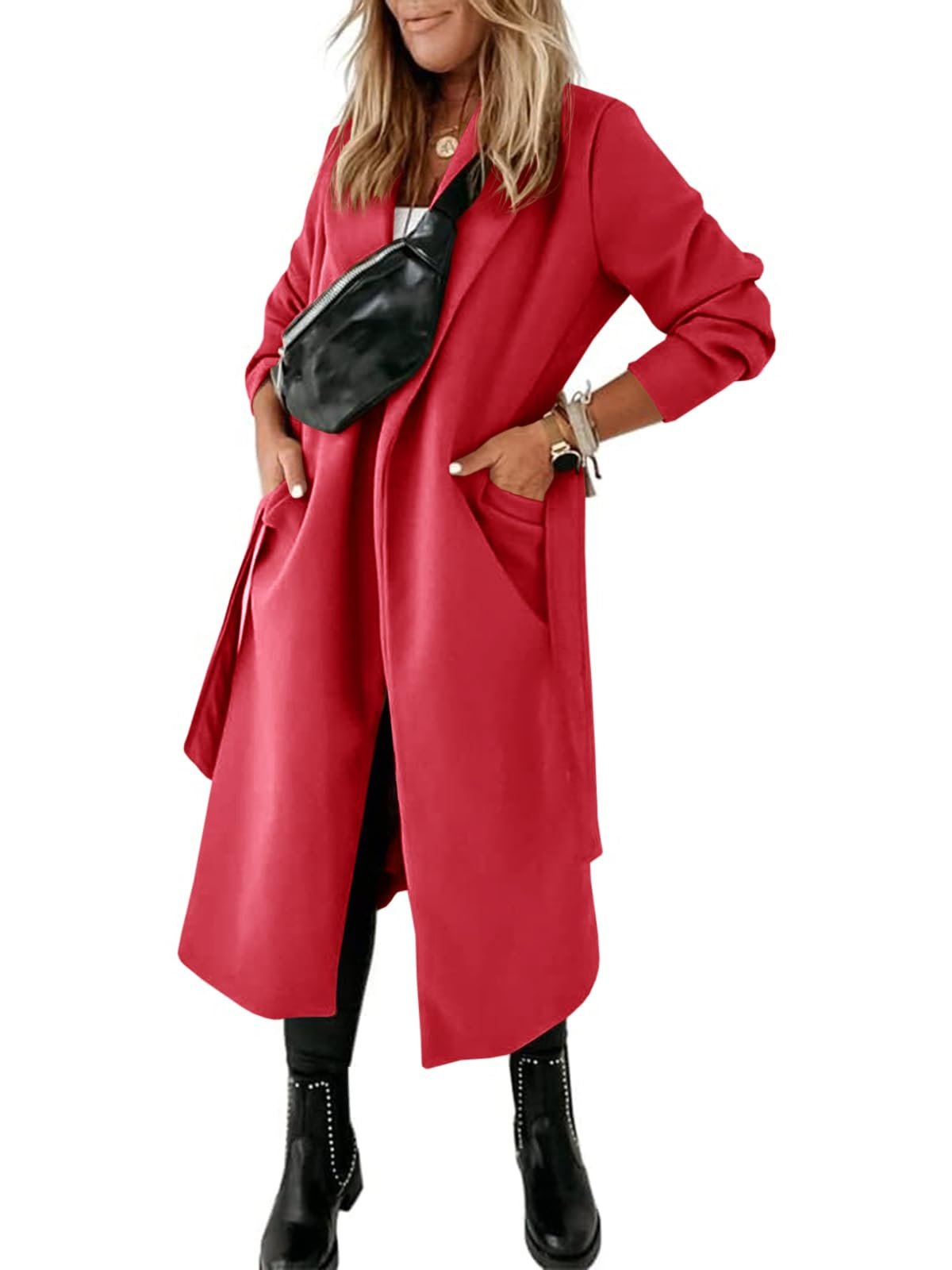 Womens Classic Coat Lapel Collar Open Front Belted Long Jacket, Red, Medium - Image 4