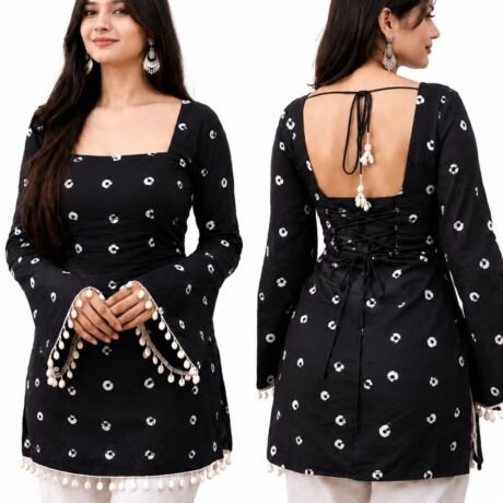 Women's Rayon Printed Short Kurti | Square Neck | Bell Sleeves | Lace-Up Back Design with Pom Pom Lace | Casual Ethnic Top for Daily Office College Wear (in, Alpha, Regular, Black)