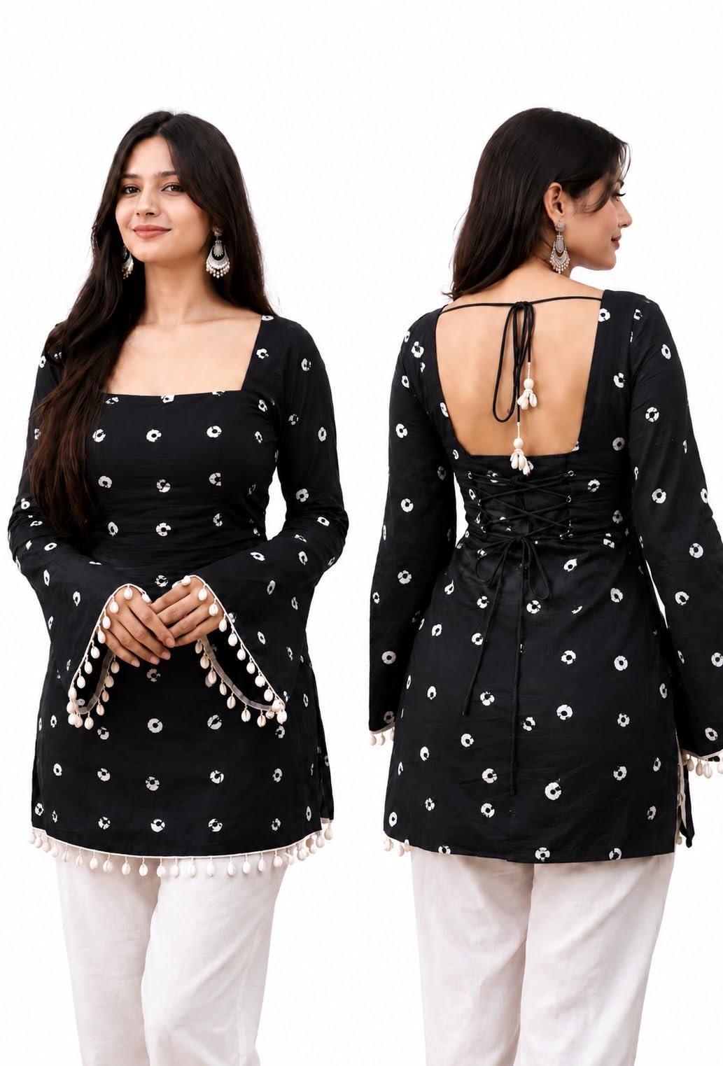 Women's Rayon Printed Short Kurti | Square Neck | Bell Sleeves | Lace-Up Back Design with Pom Pom Lace | Casual Ethnic Top for Daily Office College Wear (in, Alpha, Regular, Black)