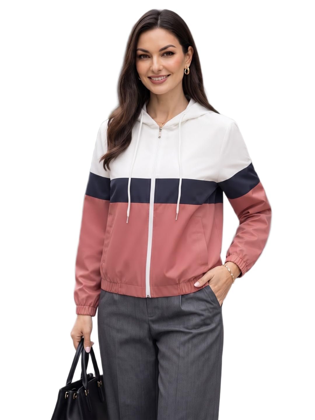 Women’s Hooded Full Zip Color Block Jacket, Lightweight Travel Outerwear