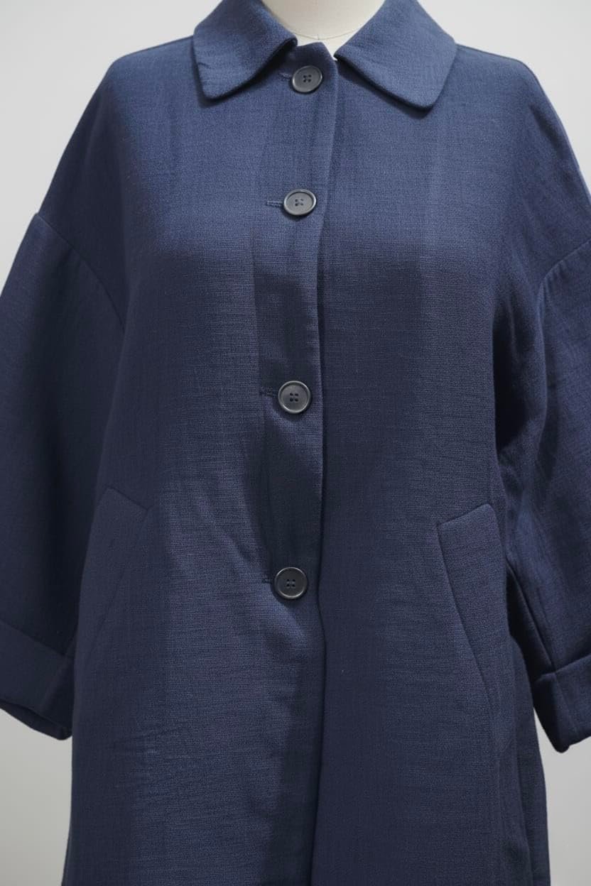 Navy Blue Double Breasted Wool Blend Overcoat For Women, Size L, Formal Winter Coat, Long Sleeve - Image 4