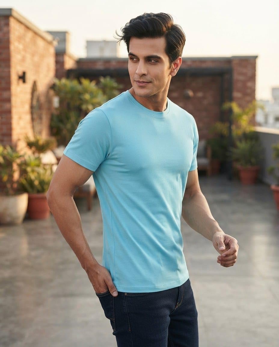 Men's Premium 100% Pure Cotton Crew Neck T-Shirt | 180 GSM Combed Cotton | Soft Breathable Regular Fit Half Sleeve Tee Sky Blue - Image 5