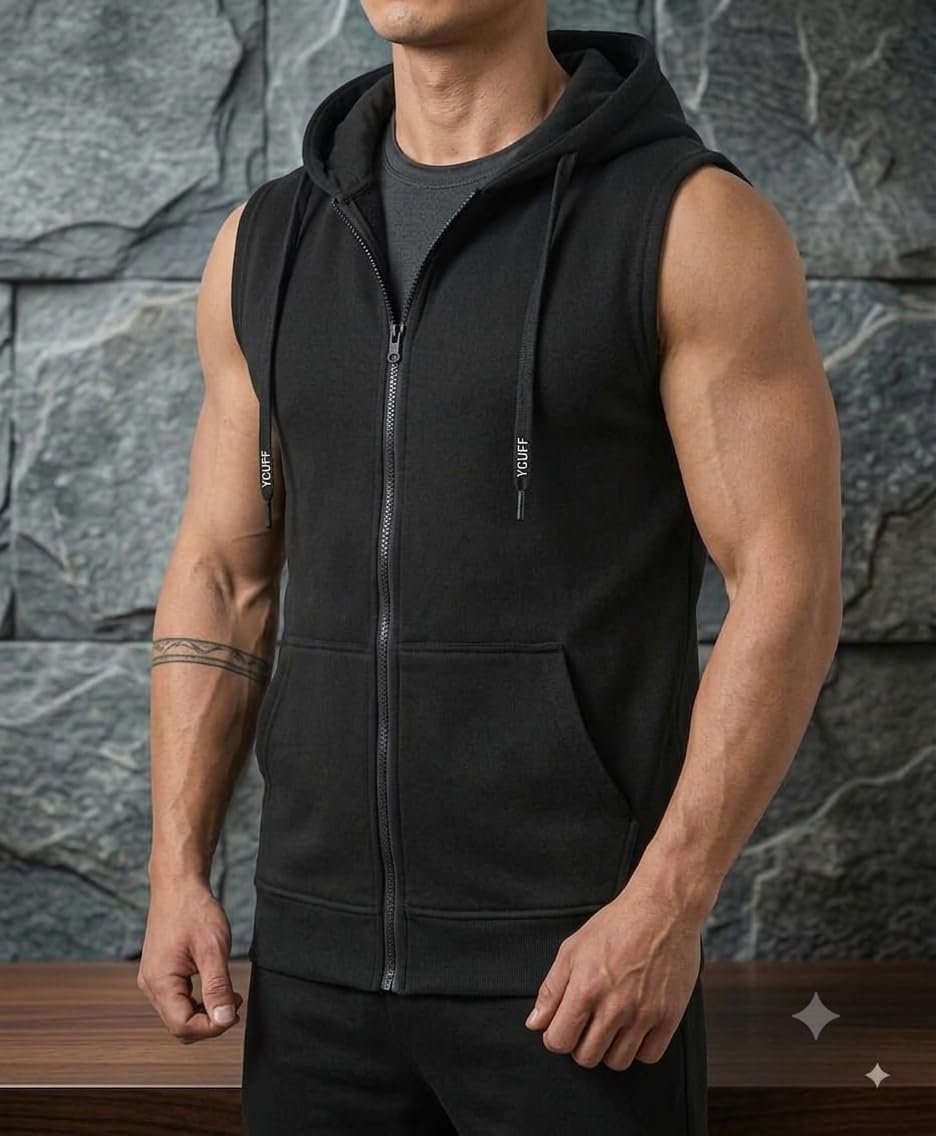 Men's Sleeveless Fleece Hoodie Jacket | Zip-Up Hooded Vest with Drawstring | Slim Fit Casual Sportswear Tank Top with 2 Side Pockets | Lightweight Winter & Gym Wear (in, Alpha, Regular, Black) - Image 2