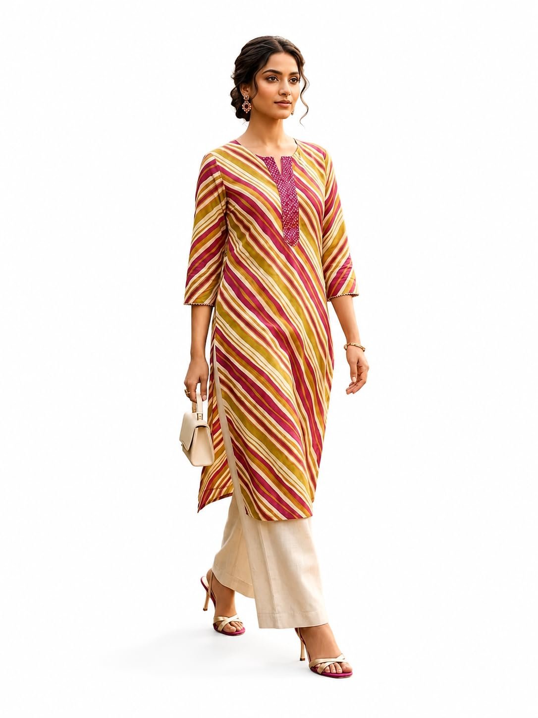 Women's Diagonal Stripe Print Kurta with Bandhani Neck Detail Olive Green