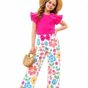 Girls Ribbed Flutter Sleeve Top & Floral Printed Wide Leg Pants Co-Ord Set | Stylish Summer Outfit for Kids | Casual Two Piece Clothing Set (1–16 Years) (PINK, 4 YEAR - 5 YEAR)