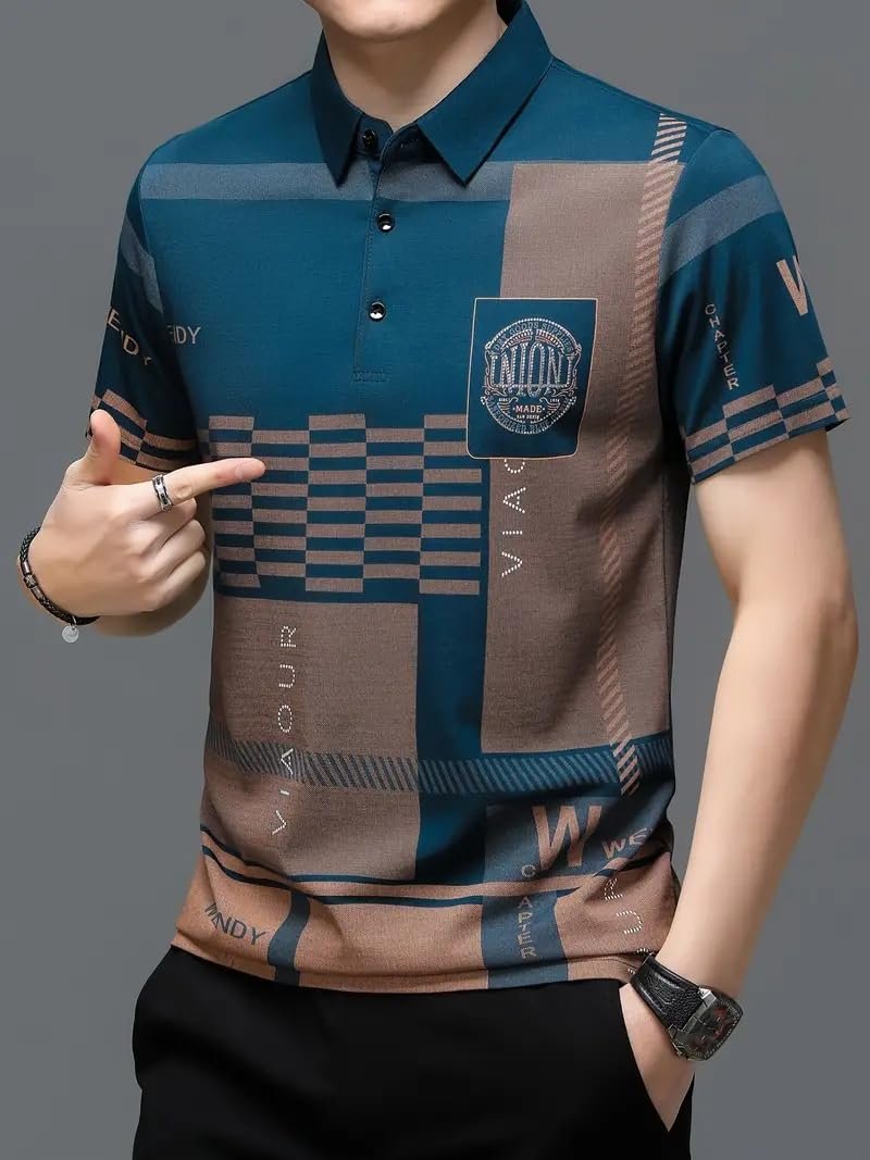 Men's Irregular Geometric Pattern and Alphabet Print Sports Collar Tshirt (Rizim Temu Print Polo-Blue001) - Image 5