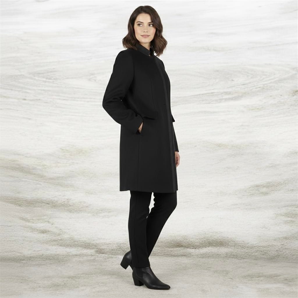 Women's Long Wool Blend Overcoat, Full Length Winter Coat, Solid Colors, Warm Formal Outerwear with Collar and Pockets (Black Grey Line) - Image 2