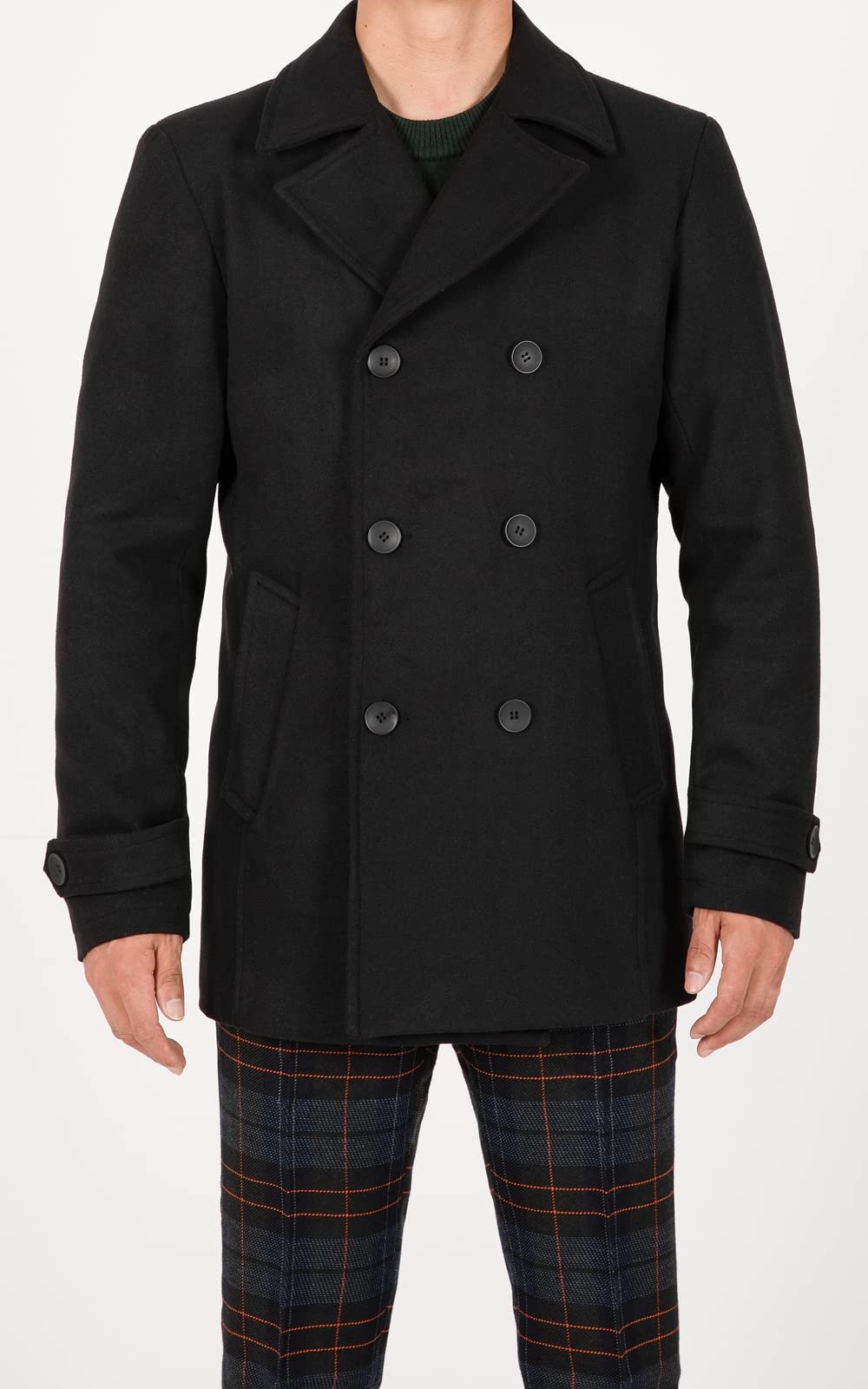 Men's Double Breasted Wool Blend Pea Coat, Quilted Lined Overcoat, Black, Large - Image 2