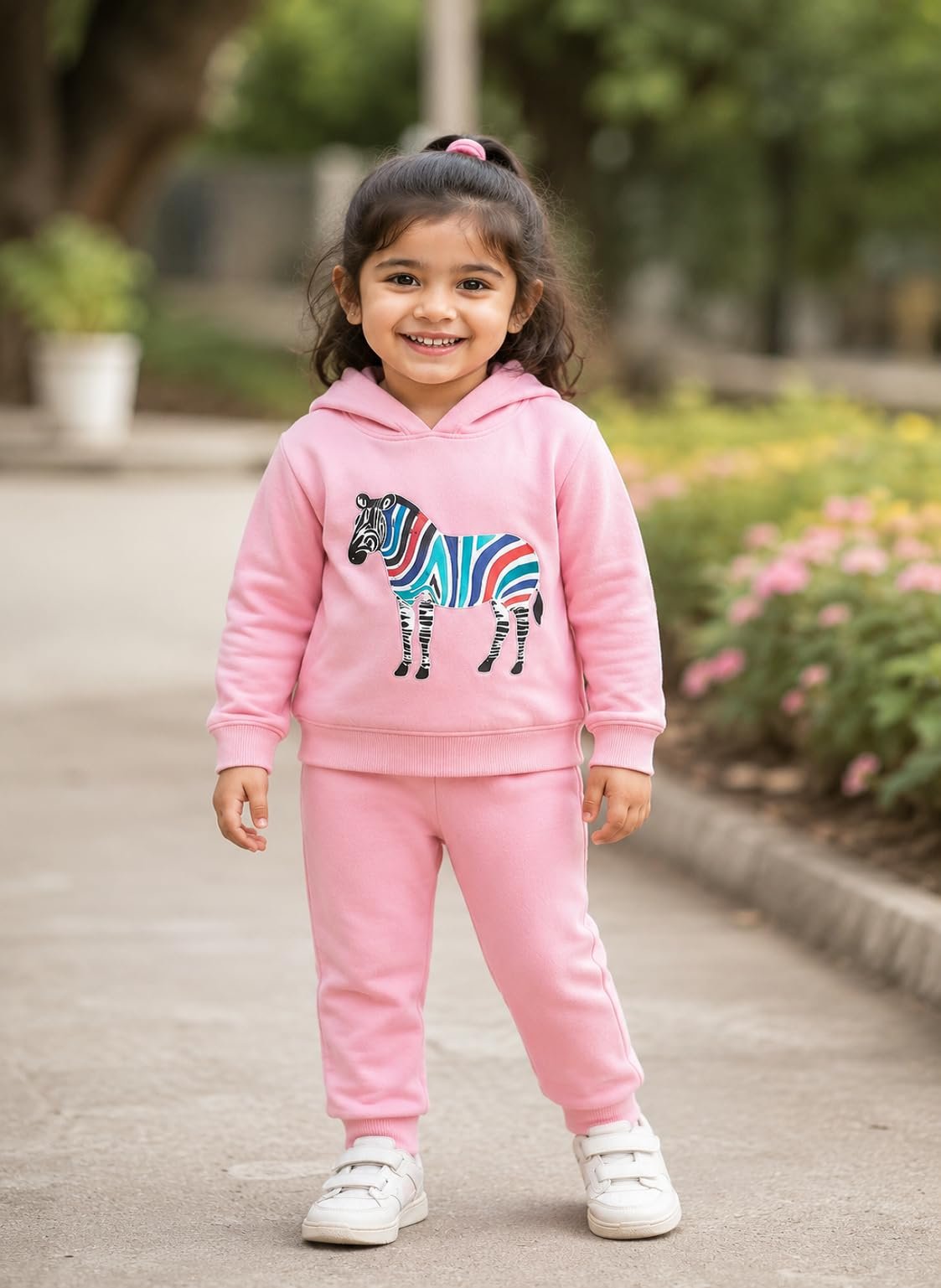 Kids Hoodie Pyjama Set Pink Zebra Embroidery Print Clothing Set. - Image 9