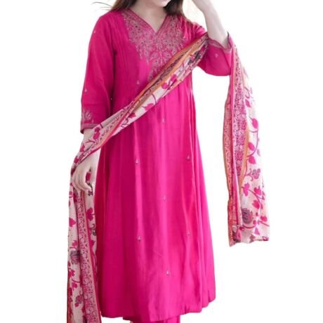 Women Embroidery Kurta and Pant Set with Dupataa (Pink)