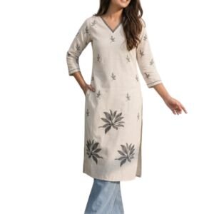 NESH Couture Elegant White Cotton Kurti for Women | Floral Embroidered Straight Kurta Top for Trendy Jeans, Plazos or Trousers