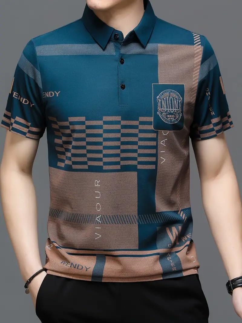 Men's Irregular Geometric Pattern and Alphabet Print Sports Collar Tshirt (Rizim Temu Print Polo-Blue001) - Image 2