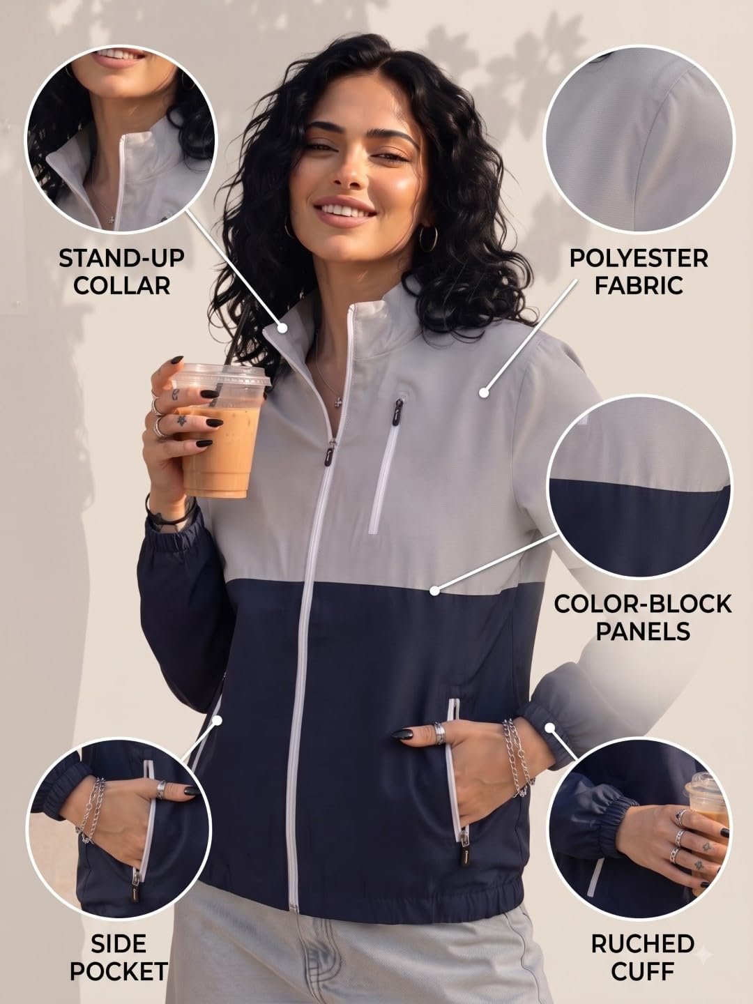 Women’s Stand Collar Full Zip Windbreaker Jacket - Image 6