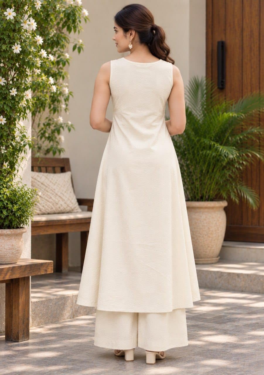 Rayon Kurta for Women | Sleeveless Kurti Set Woman | Anarkali Kurti with Palazzo | Plain Co Ord Outfit | Office Party Traditional Clothing for Womens (in, Alpha, Regular, Womens, Off-White) - Image 6