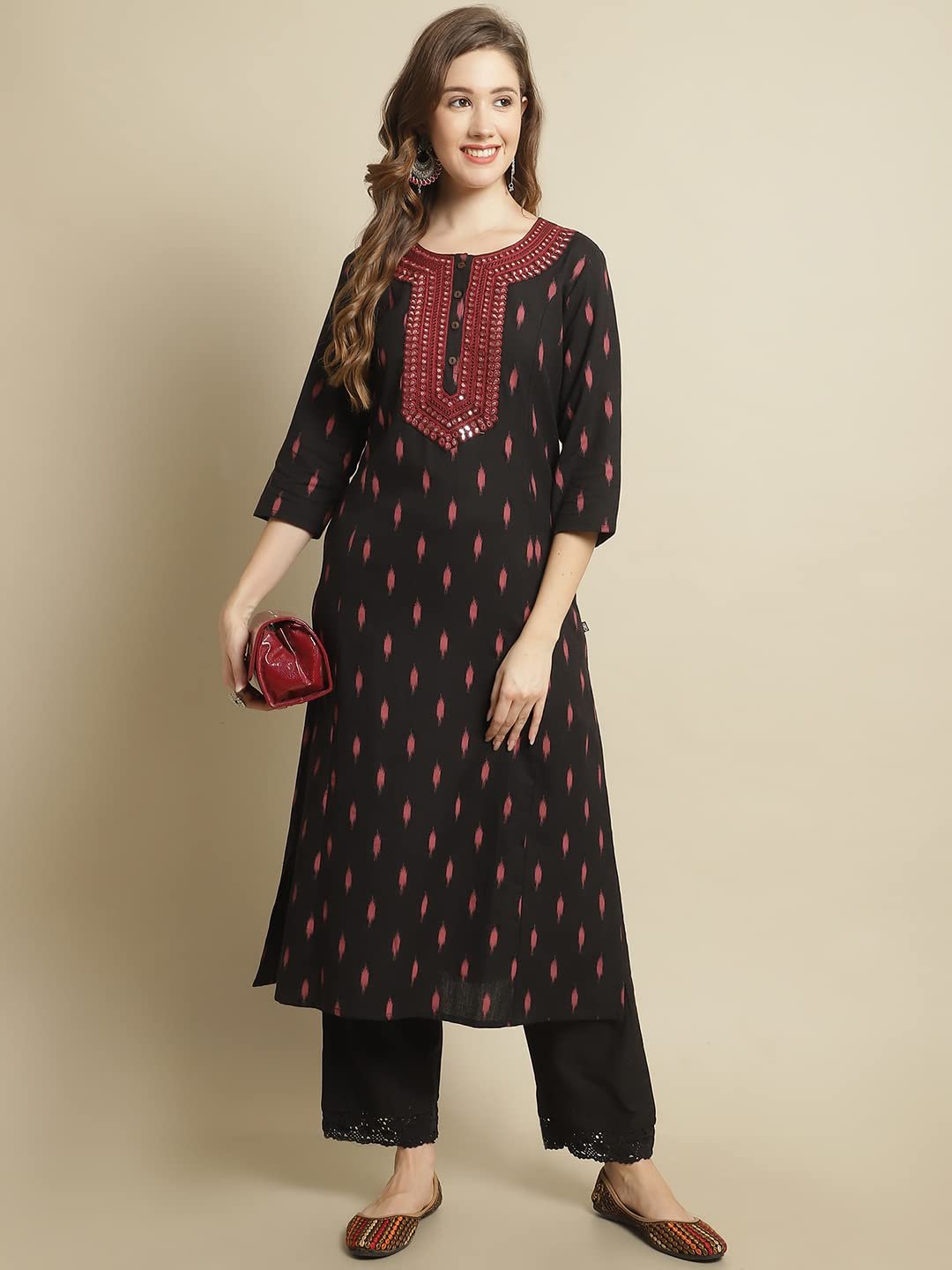 Women's Cotton Printed A-Line Mirror Pattern Regular Fit Kurta (Black, Large) - Image 2