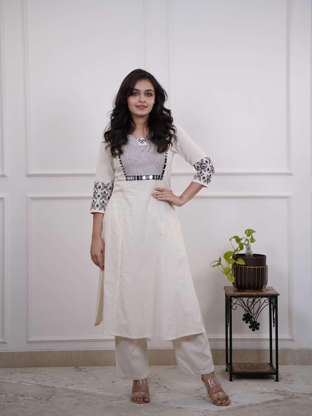 Trendy Articraft's Women's Cotton Embroidery Straight Kurti with Pant Set (White) - Image 3