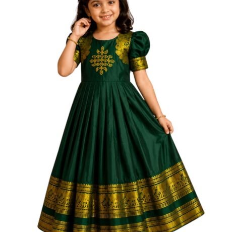AKSHAR Creation Girls Pattu Silk Gown | Kids Traditional Frock with Zari Border | Puff Sleeve Ethnic Gown for Baby Girls | Festive Dress Green