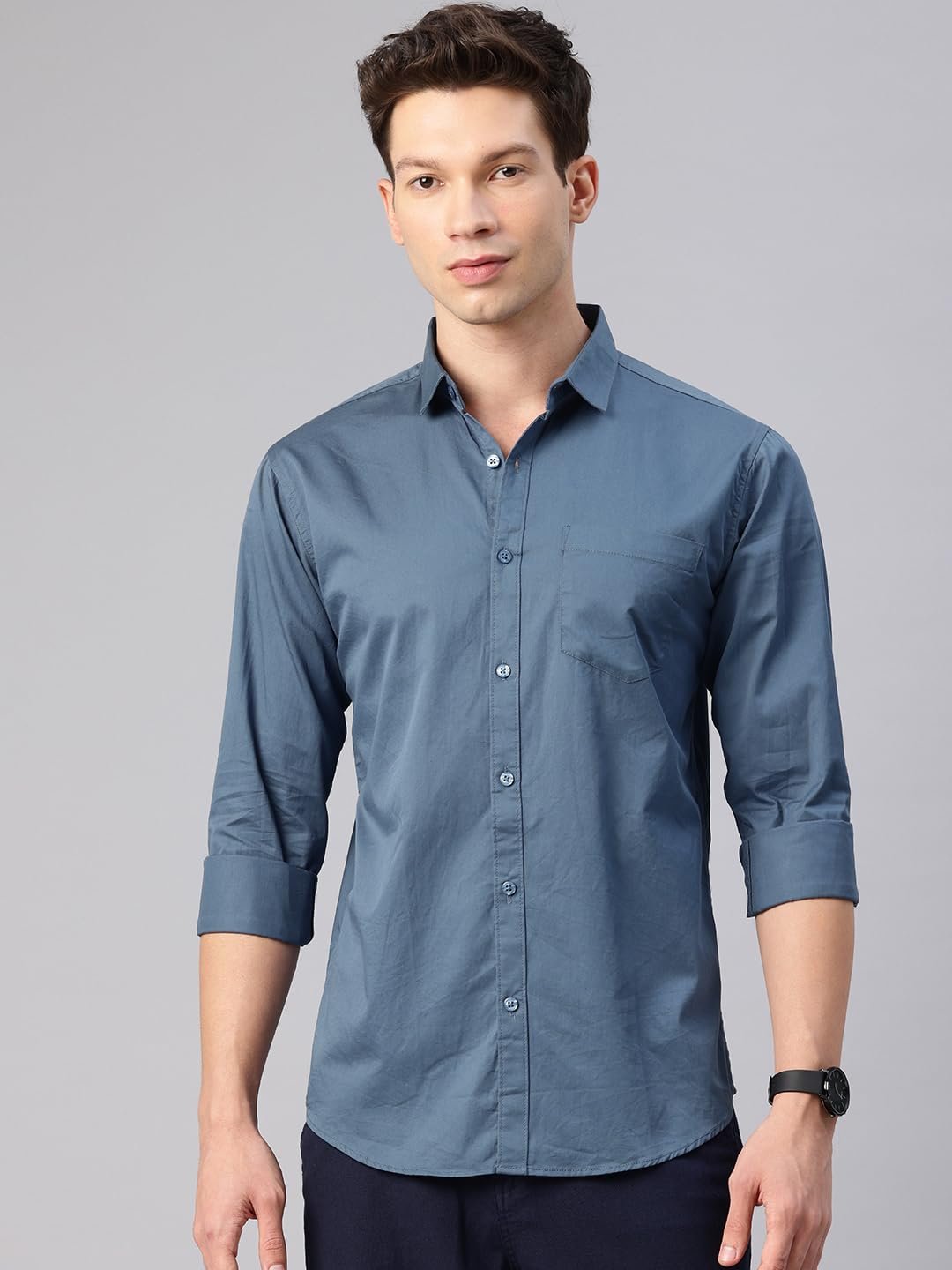 Cotton Solid Slim Fit Casual Shirt for Men (Medium, Dark Grey) - Image 2