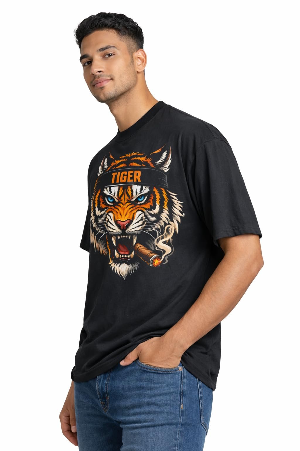 Men’s Tiger Graphic Printed T-Shirt | Cotton Blend | Relax Fit | Half Sleeve Elbow Length | Casual Wear T-Shirt (in, Alpha, 2XL, Regular) Black - Image 3