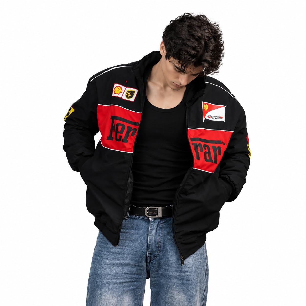 F1 Speed Printed Jacket | Streetwear Fusion | Racing Jacket with Patches, Full Zip Hooded Motorsport Style Outerwear RED