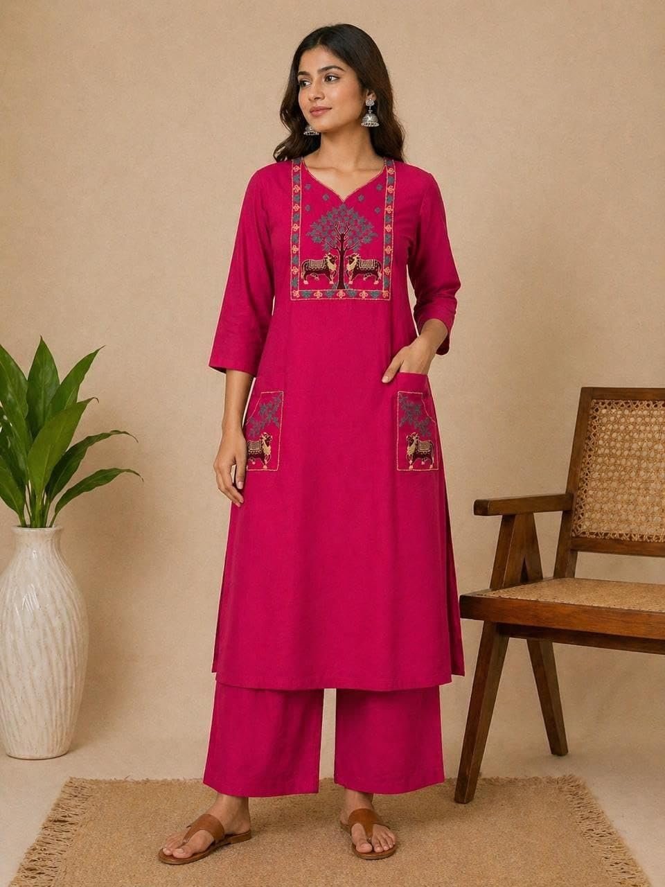 Women's Embroidery Work Kurta & Plazo | 2 Piece Kurta Set With Two side Pocket Kurti | Kurti & Plazo Set | Stylish Cotton Suit Set for Women, Festival (IN, Alpha, Regular, Womens, Pink) - Image 2