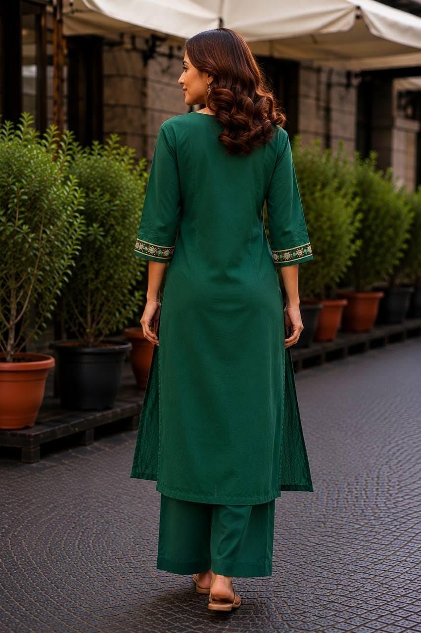 Women's Cotton V-Neck Kurta Set, 3/4 Sleeve Embroidered Festive and Occasion Straight Kurti with Matching Palazzo Pants Green 3XL - Image 4
