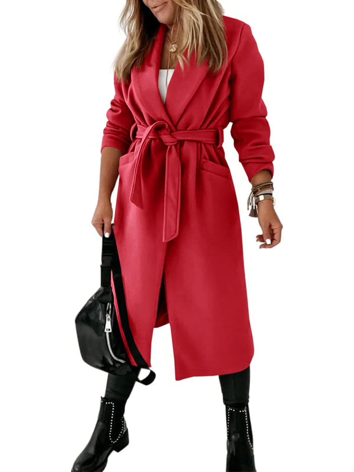 Womens Classic Coat Lapel Collar Open Front Belted Long Jacket, Red, Medium - Image 3