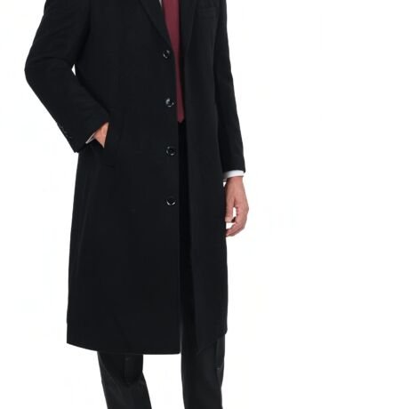 Mens Single Breasted Wool Cashmere Full Length Overcoat, Black, 38