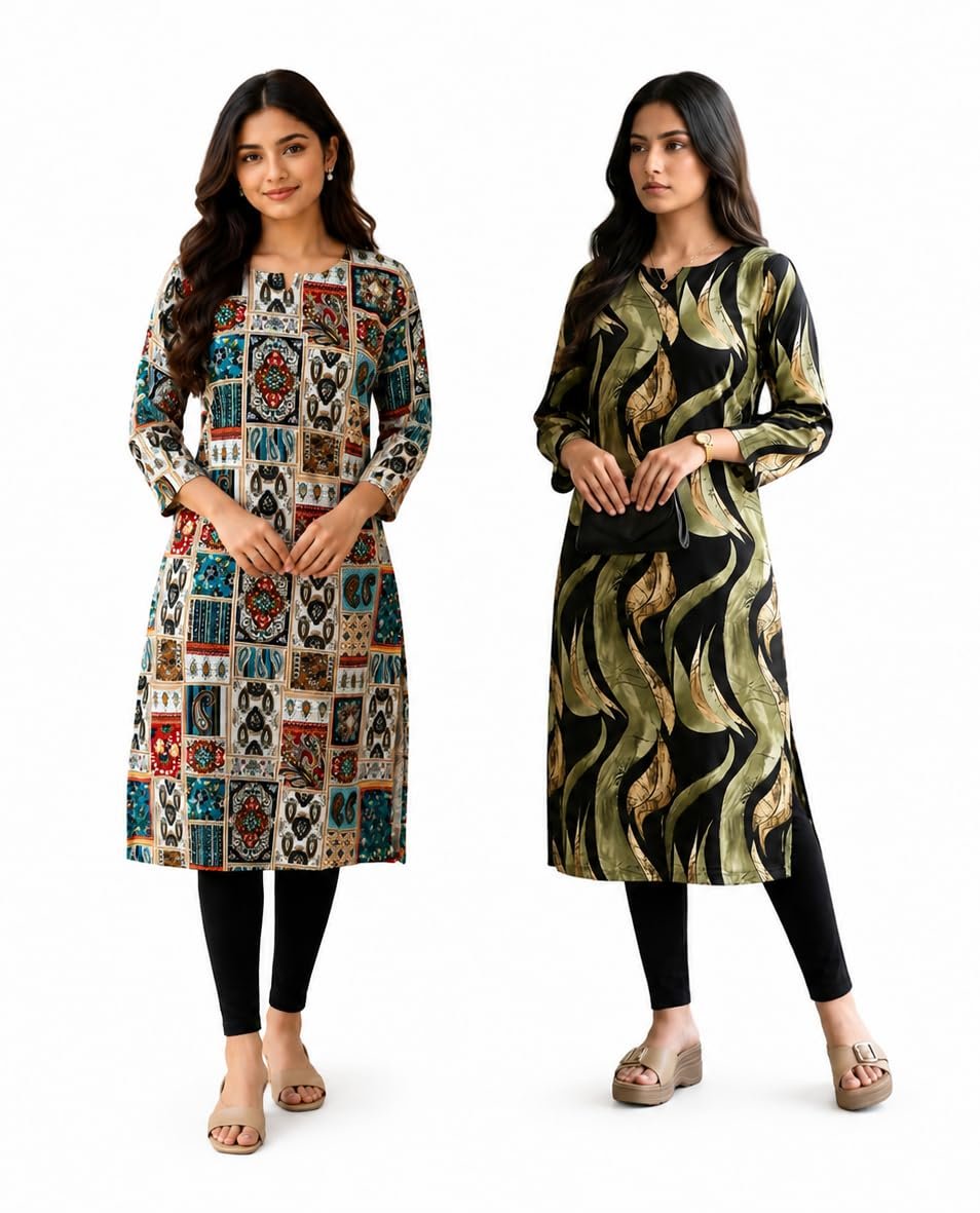 Women's Printed Long Kurti Combo Set of 2, Cotton Kurti Multicolour