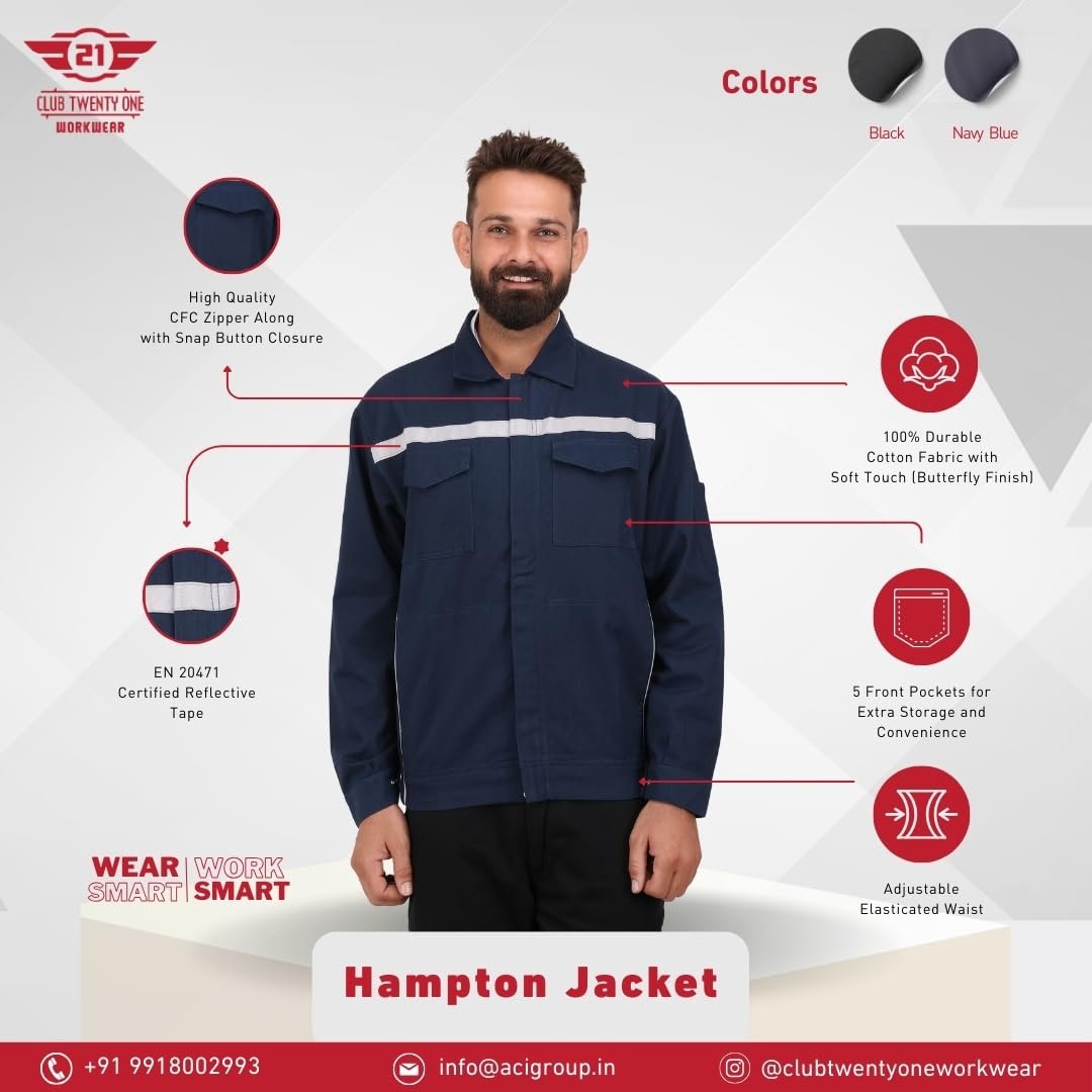Workwear Hampton Safety Jacket for Men, 100% Cotton Fabric with EN 20471 Reflective Tape, Industrial Work Jacket for Construction, Warehouse & Manufacturing, Blue, Size M - Image 6