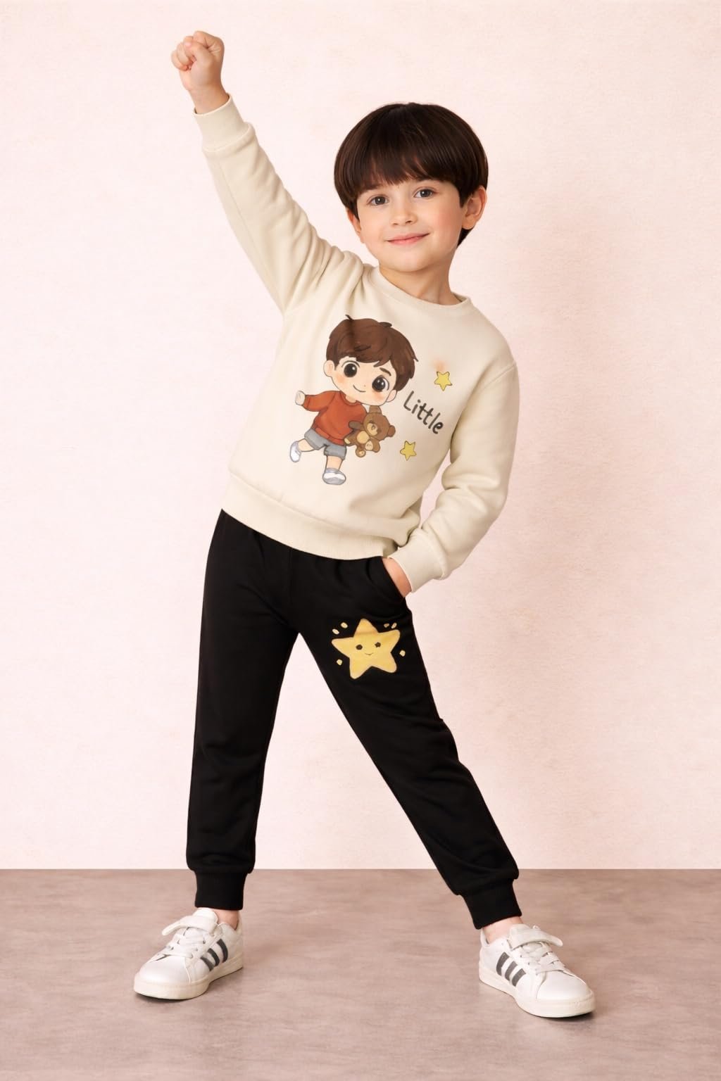 Boy’s Cotton Blend Printed Sweatshirt & Jogger Set with Long Sleeve Pullover with Elastic Waist Pants Casual 2-Piece Outfit Ideal for Toddlers & Kids (1-2Yr-Off White) - Image 5