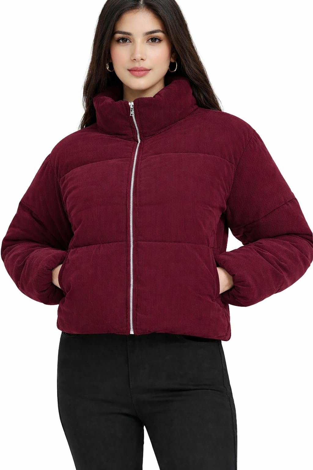 Women's Sporty Puffer Jacket, High Neck Winter Coat, kotrise Material, Side Pockets, Zipper Closure, winter Wear (IN, Alpha, Regular, wine) - Image 2