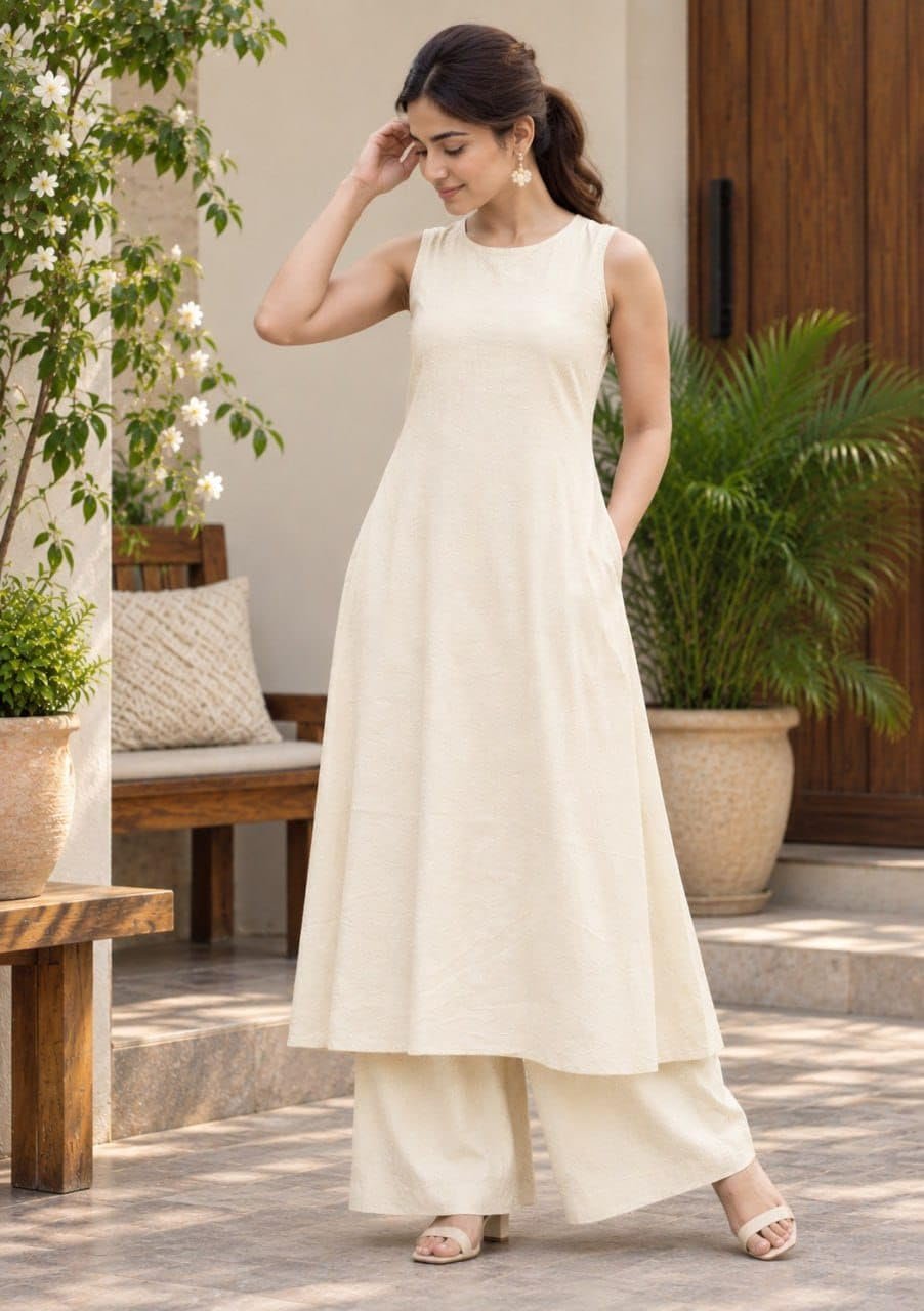Rayon Kurta for Women | Sleeveless Kurti Set Woman | Anarkali Kurti with Palazzo | Plain Co Ord Outfit | Office Party Traditional Clothing for Womens (in, Alpha, Regular, Womens, Off-White) - Image 2
