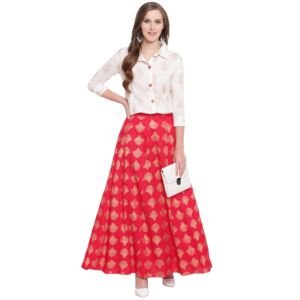 Women's Red Printed Rayon Blend Shirt Skirt Set