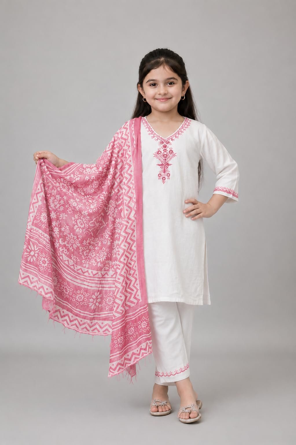 Girls Khadi Cotton Embroidered Work 3-Piece Salwar Suit Set With Floral Printed Dupatta Traditional Ethnic Outfit for Festive Functions (IN, Age, 9 Years, 10 Years, Regular, Baby Girls, Pink) - Image 2
